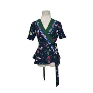 Ann Taylor black pink floral short sleeves wrap blouse size XXSP